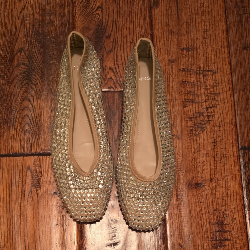 Mango Gold Crystal-Embellished Ballet Flats